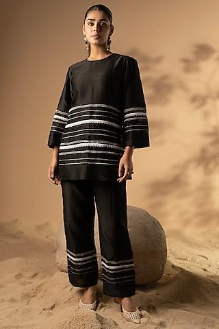 coal black chanderi & organza zari embroidered striped short kurta set