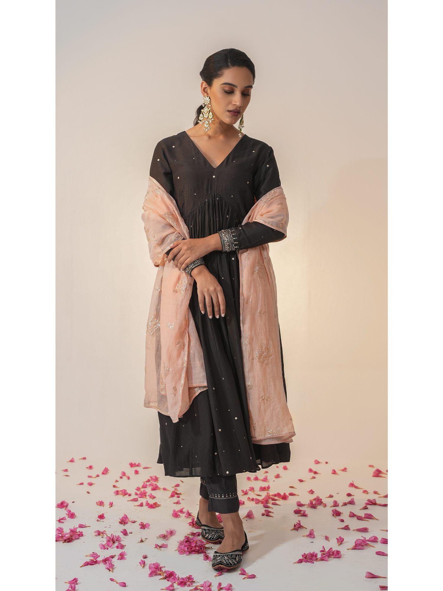 coal black cotton silk anarkali kurta and pant with dupatta (set of 3)