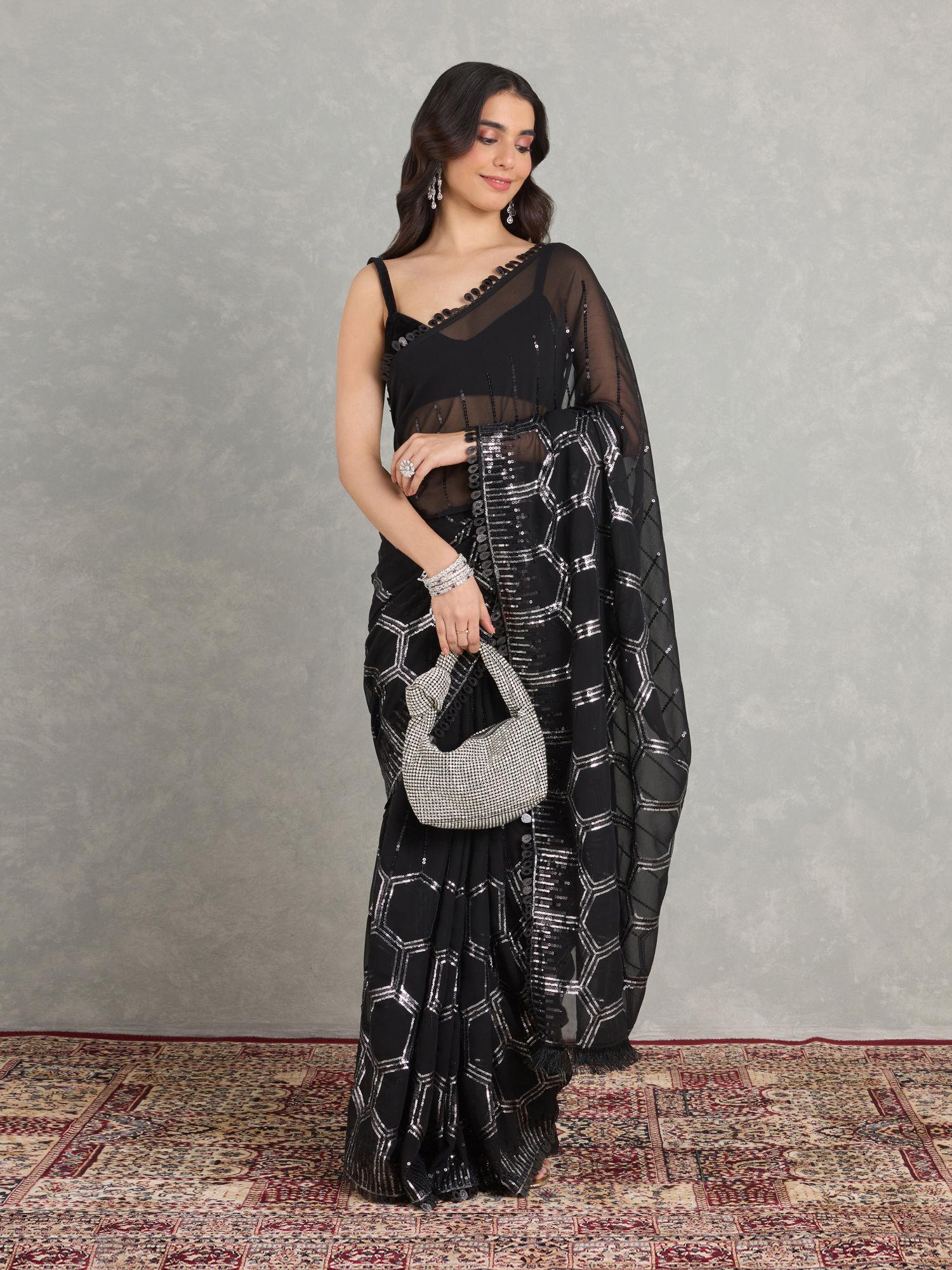 coal black georgette embellished and sequined tassels party saree with unstitched blouse