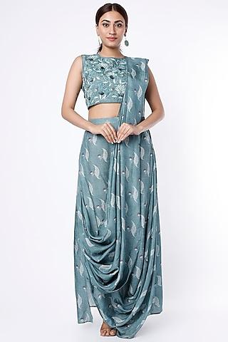 coastal blue printed cowl draped saree set