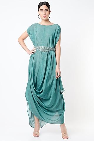 coastal blue tussar silk gown with belt