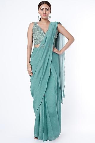 coastal green pre-draped saree set