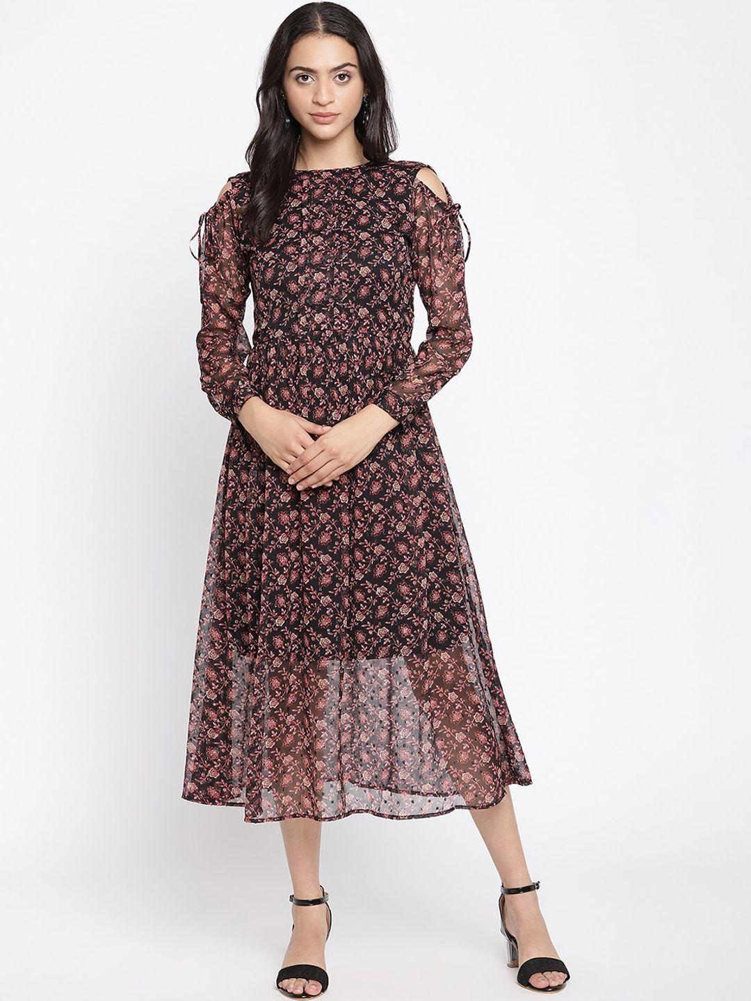 coastland black & red floral georgette midi dress