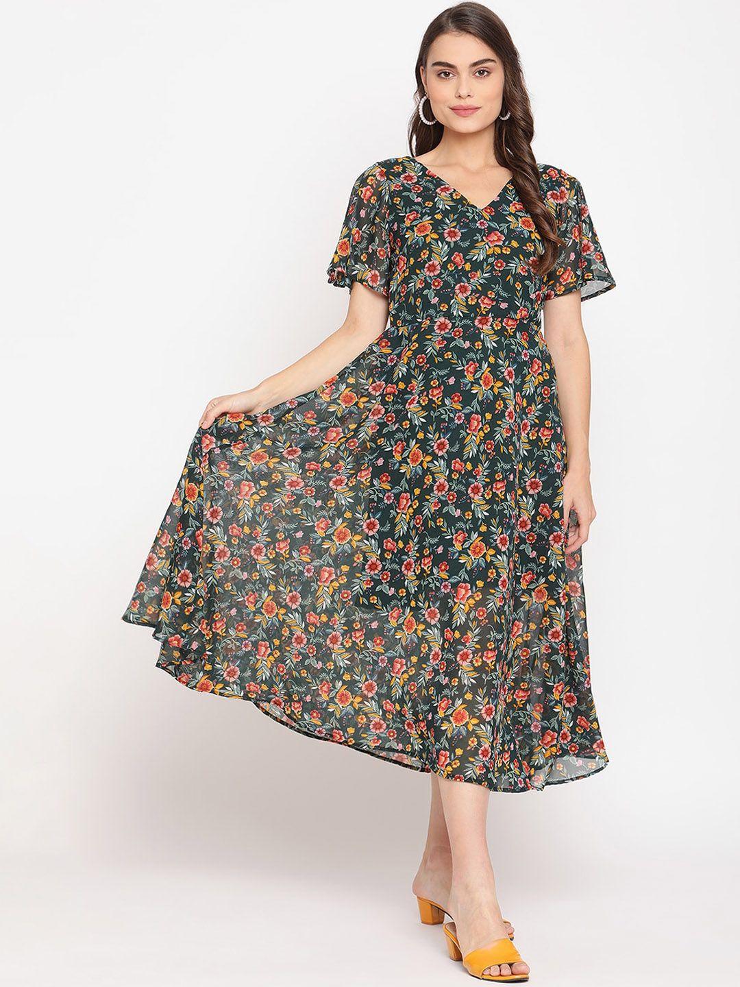 coastland green & red floral chiffon midi dress