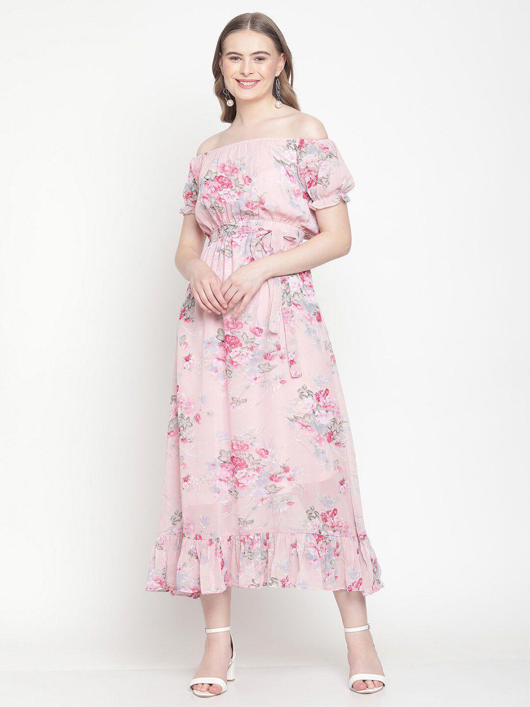 coastland pink floral off-shoulder georgette a-line midi dress