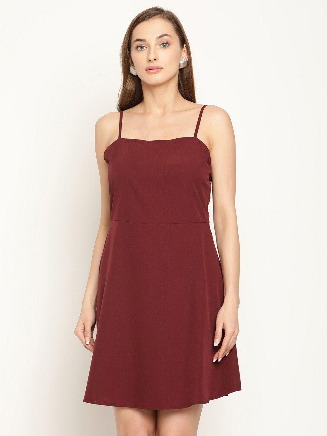 coastland women maroon solid polyester shoulder straps crepe dress