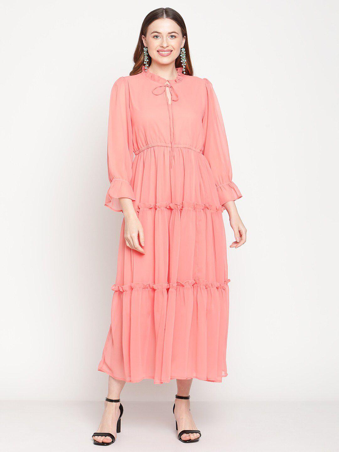 coastland women peach-coloured tie-up neck maxi dress