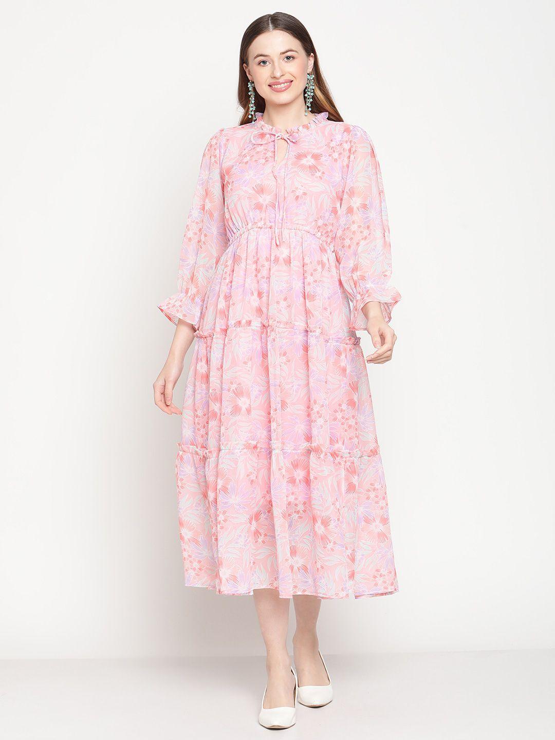 coastland women pink floral tie-up neck georgette midi dress