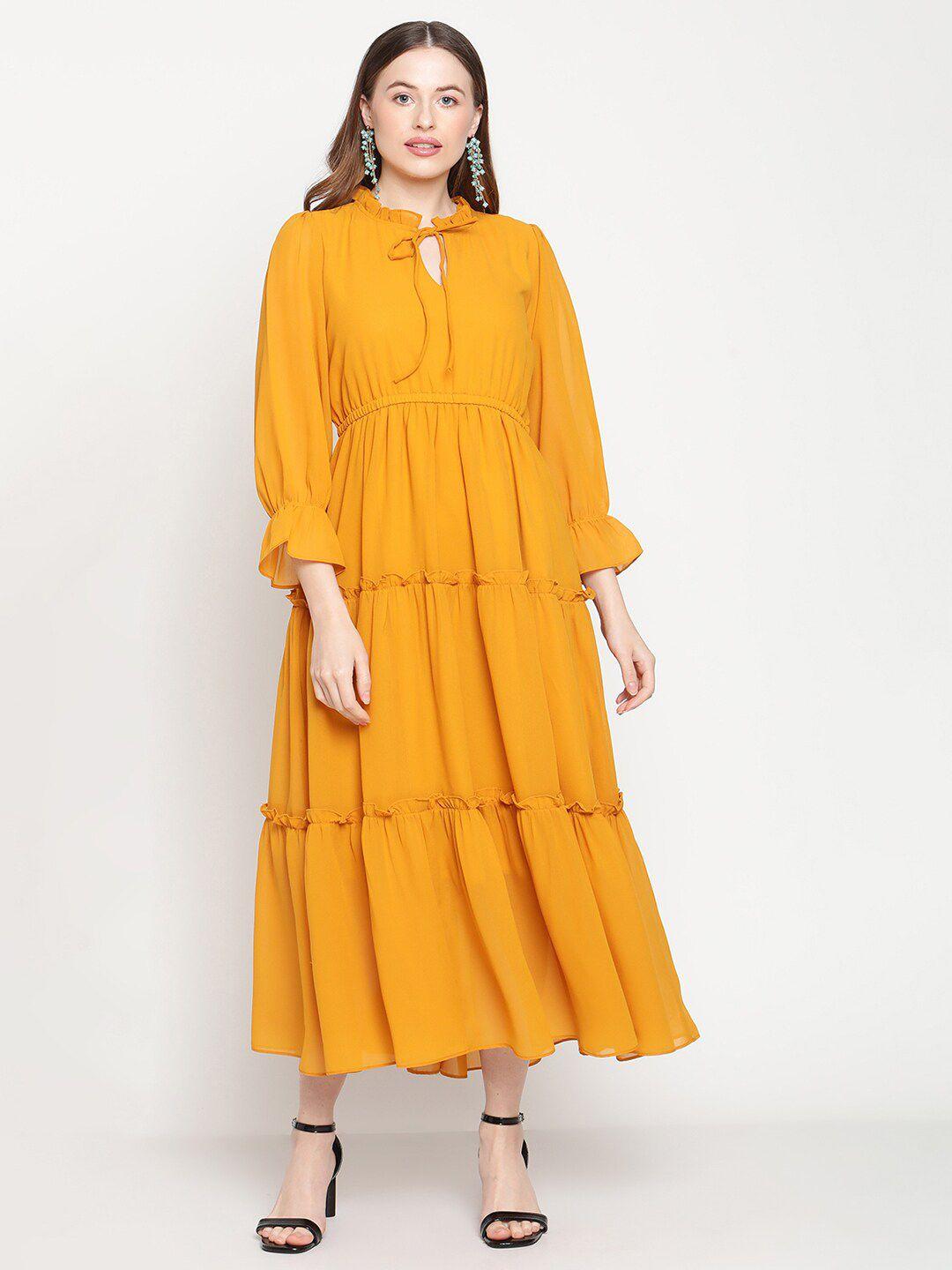 coastland women yellow tie-up neck georgette midi dress