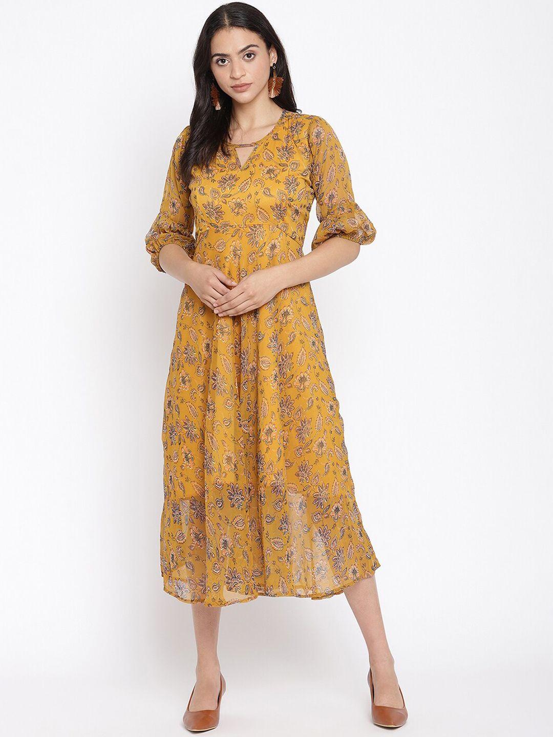 coastland yellow ethnic motifs keyhole neck chiffon midi dress