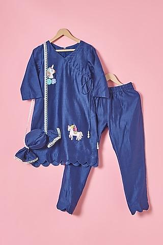 cobalt blue chanderi silk unicorn hand embroidered kurta set for girls