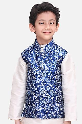 cobalt blue digital printed nehru jacket for boys
