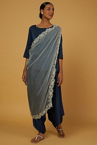 cobalt blue embroidered dhoti saree set