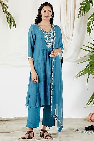 cobalt blue embroidered kurta set for girls