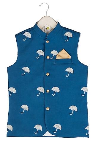 cobalt blue embroidered nehru jacket for boys