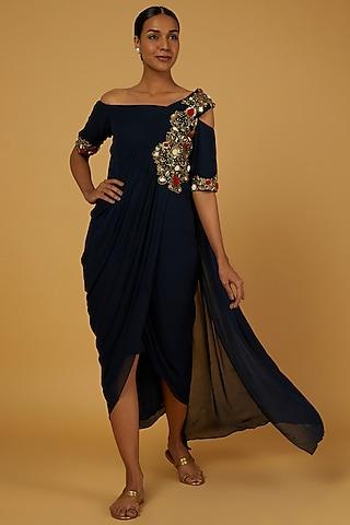 cobalt blue hand embroidered gown saree