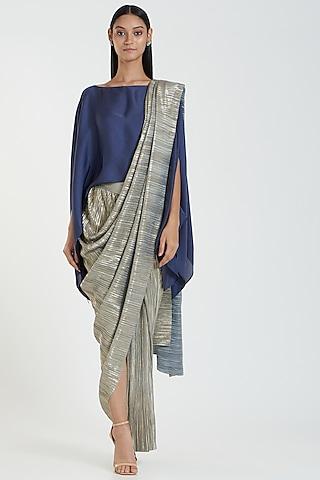cobalt blue metallic pleated draped saree