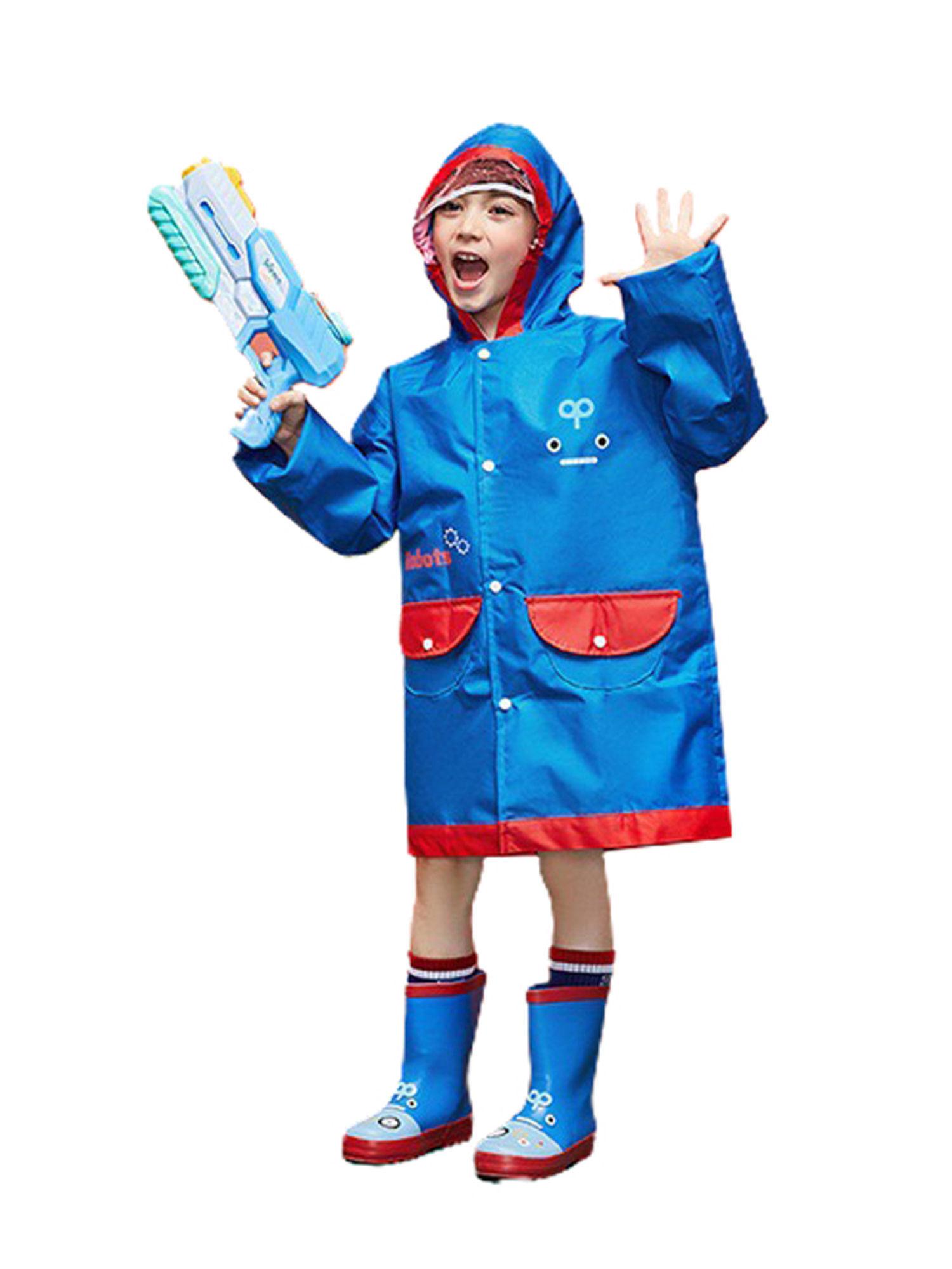 cobalt blue robot print raincoat for adults and teens