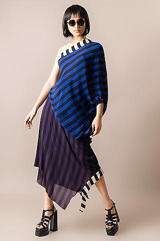 cobalt & aubergine crepe stripe digital printed one-shoulder sack dress