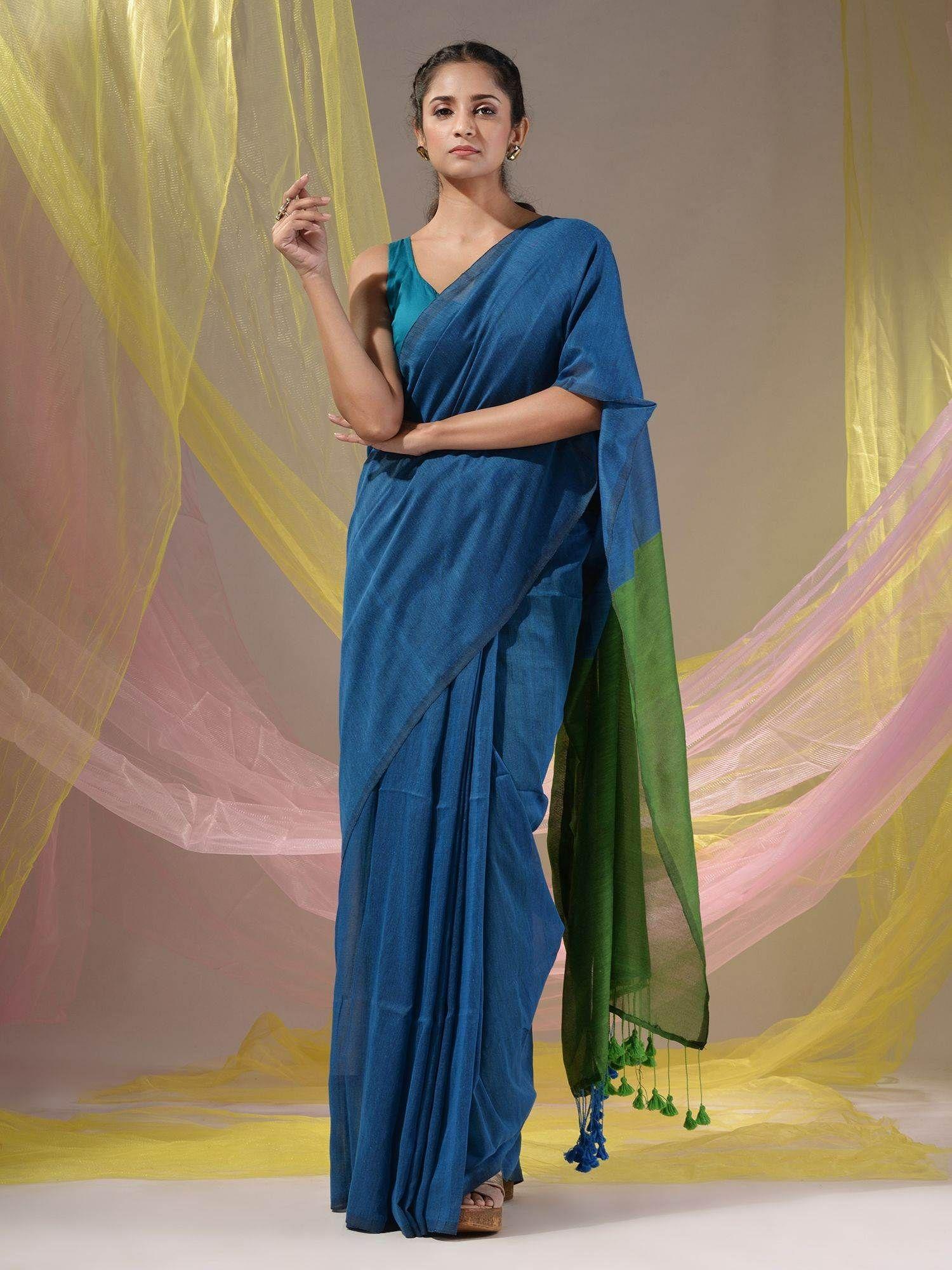 cobalt blue & green cotton colorblock handloom soft saree with unstitched blouse