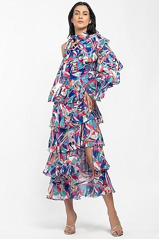 cobalt blue & hot pink printed one-shoulder dress