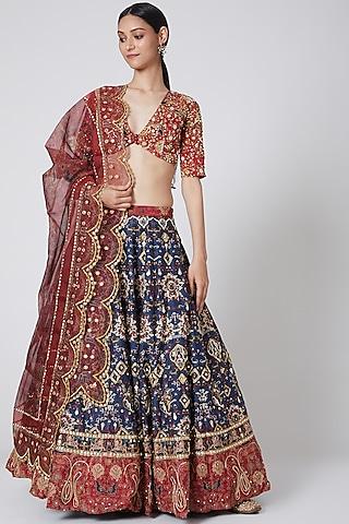 cobalt blue & red embroidered lehenga set