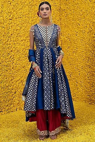 cobalt blue banarasi chanderi anarkali set