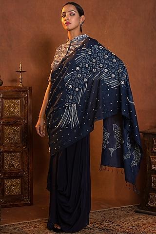 cobalt blue bandhani draped dhoti saree set