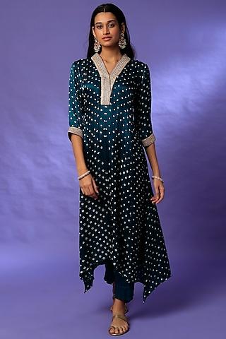 cobalt blue bandhej printed kurta set