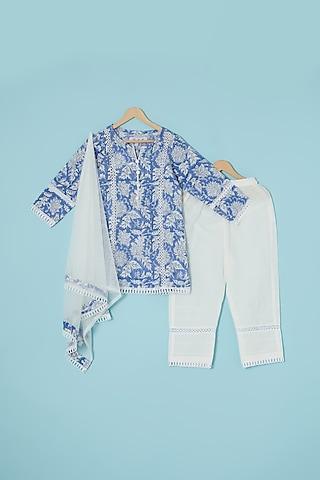 cobalt blue cambric cotton printed kurta set for girls