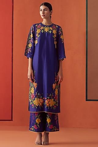 cobalt blue chanderi embroidered kurta set