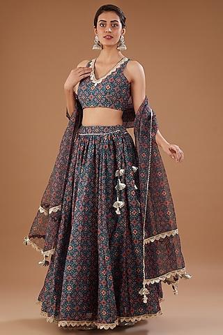 cobalt blue chanderi ikat printed lehenga set