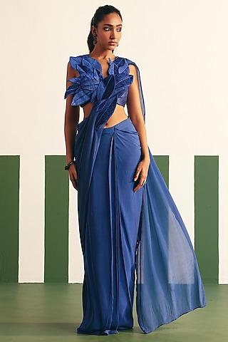 cobalt blue chinon pre-stitched gathered saree set