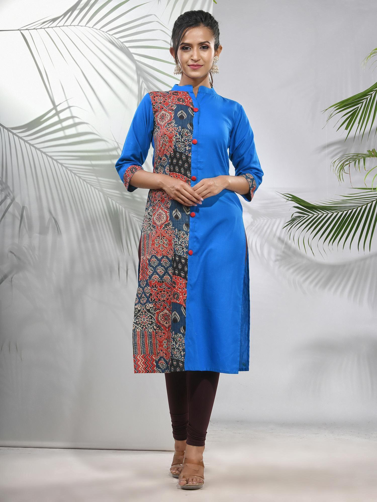 cobalt blue cotton ajrak printed straight kurta