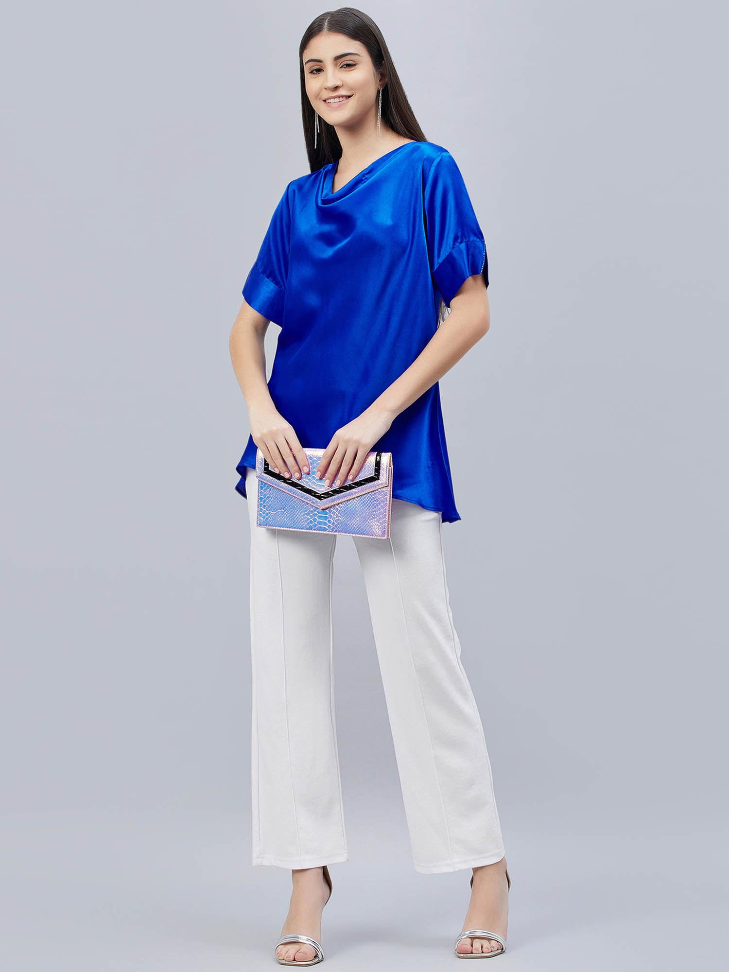 cobalt blue cowl neck solid satin shirt