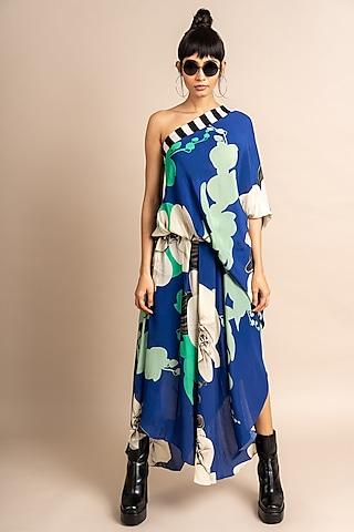 cobalt blue crepe digital printed one-shoulder dress