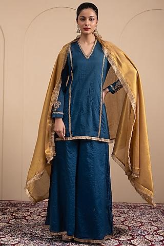 cobalt blue crinkle chanderi embroidered kurta set