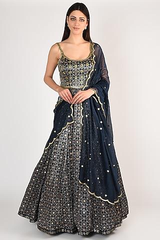 cobalt blue embroidered & printed anarkali set