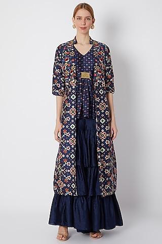 cobalt blue embroidered & printed cape set