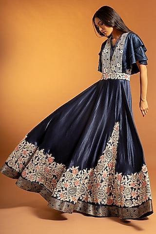 cobalt blue embroidered & printed flared gown