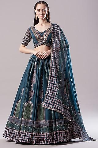 cobalt blue embroidered & printed lehenga set