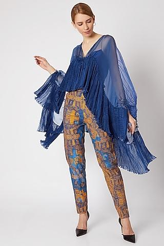 cobalt blue embroidered & printed pleated shrug