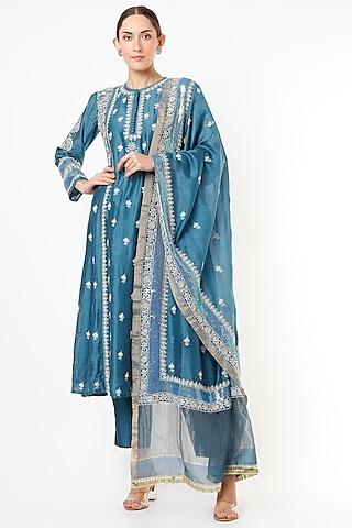 cobalt blue embroidered a-line kurta set