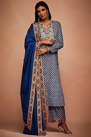 cobalt blue embroidered a-line kurta set