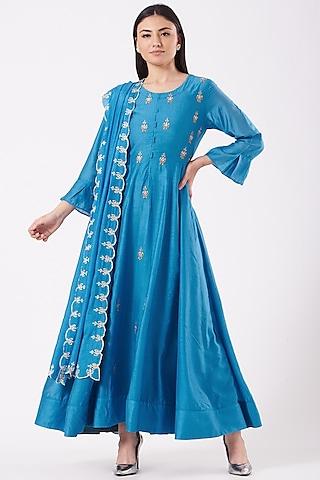 cobalt blue embroidered anarkali set