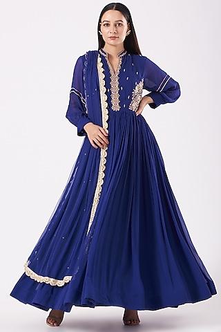 cobalt blue embroidered anarkali set