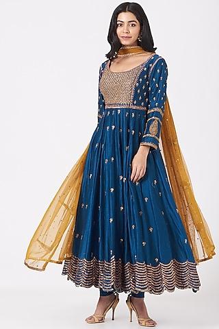 cobalt blue embroidered anarkali set