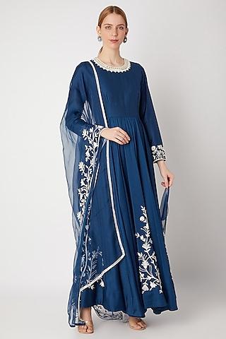 cobalt blue embroidered anarkali set