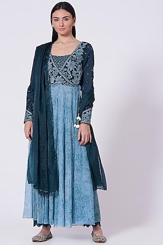 cobalt blue embroidered angrakha kurta set