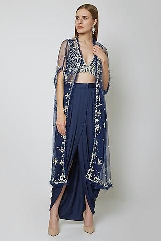 cobalt blue embroidered blouse with dhoti & cape